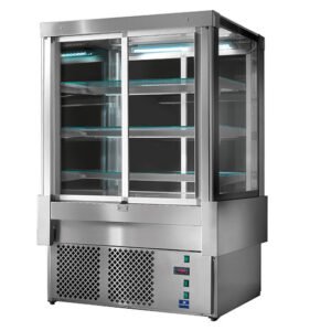 Kühltheke mit 4 Schiebetüren und 3 Regalböden, Umluft, +3°/+5°C, B=1222 mm - RAL9005