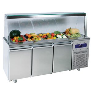 Saladette mit 3 Türen GN 1/1 und Glasstruktur, 5x GN 1/1 H=150 mm, -2°/+8°C