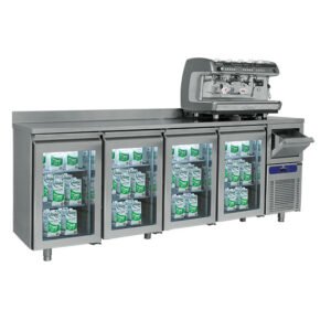 Kühltisch mit 4 Glastüren GN 1/1, Kaffeesatzschublade und Aufkantung, -2°/+8°C