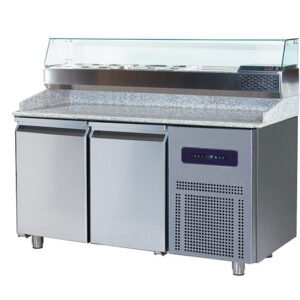 Pizzatisch 1660 mm mit 2 Türen 40x60 cm und Kühlaufsatzvitrine 6x 1/2 + 1x 2/8 GN