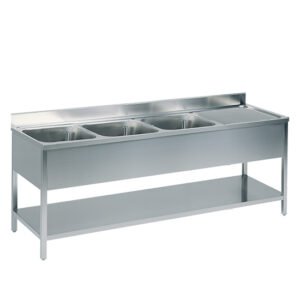Spültisch, 3 Becken, Tropftasse rechts, auf Beinen, mit Zwischenboden, 2200x700 mm