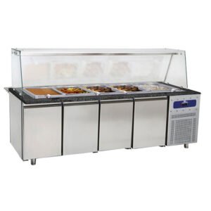 Bainmarie Theke mit 4 Türen und Glasstruktur, 6x GN 1/1 H=100 mm, Bautiefe 800/930 mm