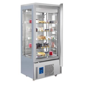 Kühlvitrine 4-seitig Glas mit Umluftkühlung und 5 quadratischen Glasböden, +14°/+16°C