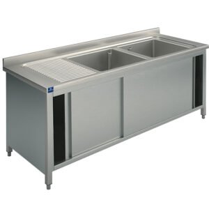 Spülschrank, 2 Becken, Tropftasse links, mit Schiebetüren, 1800x600 mm