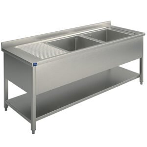 Spültisch, 2 Becken, Tropftasse links, auf Beinen, mit Zwischenboden, 2000x700 mm