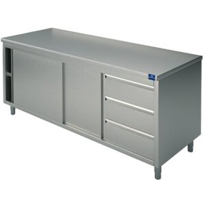 Neutraler Arbeitsschrank mit eingebauter Schubladeneinheit rechts, ohne Aufkantung, 1800x600 mm