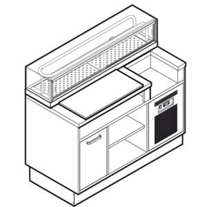 Sushi-Station 1400 mm mit neutralem Unterbau und Abfalleimer inklusive Sushivitrine