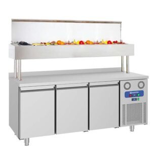 Kühl-Vorbereitungstisch 3 türig GN mit Kühlaufsatzvitrine 10x GN 1/3